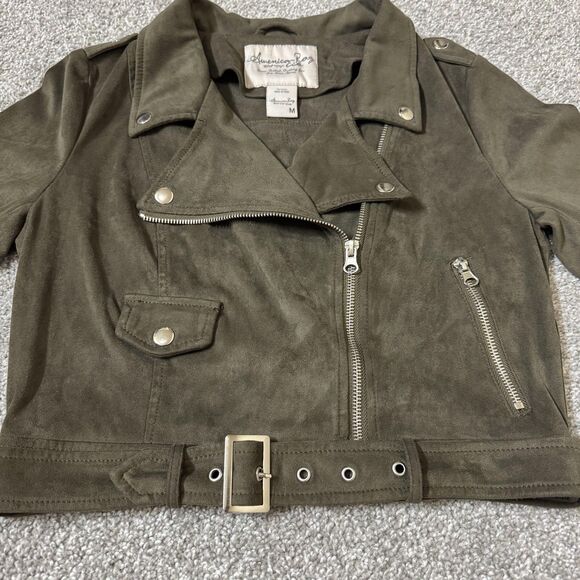 American Rag Cie Jacket Womens Medium Green Faux Suede Moto Belted Biker Cropped - Picture 3 of 14